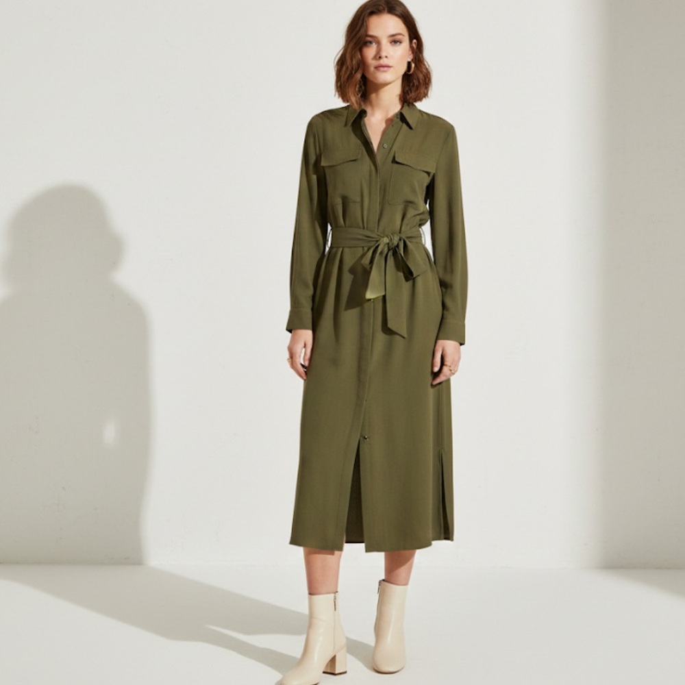 Polo Ralph Lauren Olive Green Long Sleeve Silk Midi Shirt Dress Size 6